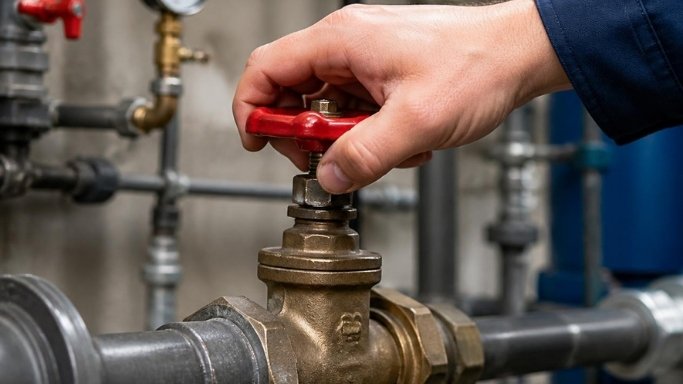 Hands turning off a brass stopcock valve under a kitchen sink