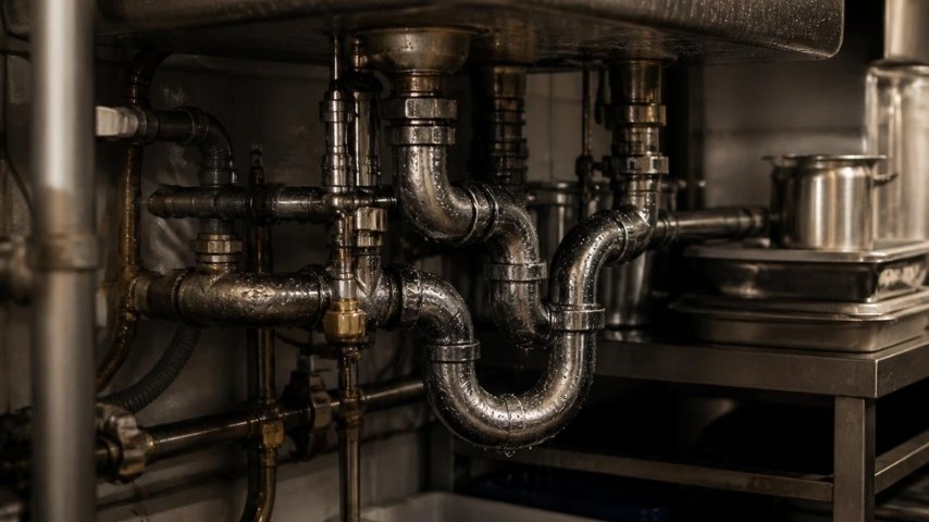 Plumber working on pipework beneath a stainless steel sink in a commercial kitchen