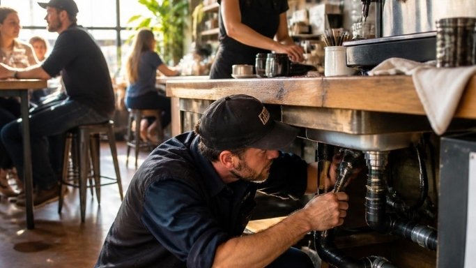 Plumber fitting pipework behind the counter of a small cafe